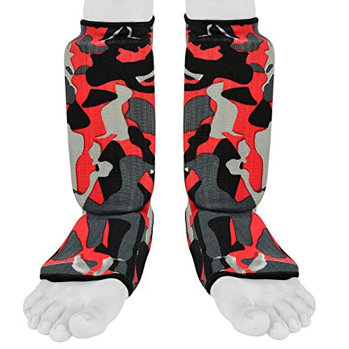 Be Smart Kids, Adults, Youth, Men and Women Muay Thai MMA Kickboxing Shin Guards, Instep Guard Training, Sparring Protective Gear Equipment Shin Kick Pads - color: Red Camo, size: XXS ( 9 to 13 Years )