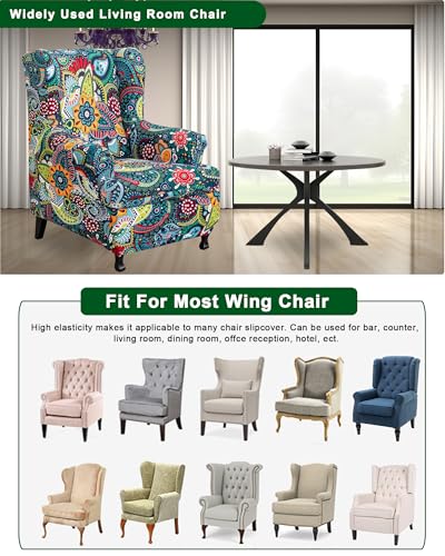 CRFATOP 2 Piece Stretch Wingback Chair Cover Printed Wing Chair Slipcovers Spandex Fabric Wingback Armchair Covers with Elastic Bottom for Living Room Bedroom Wingback Chair,C15 - color: Color C15