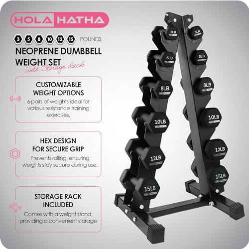 HolaHatha 1, 2 and 3 lb Neoprene Dumbbell Strength Training Weight Set with Rack - color: Black, size: 106 LB