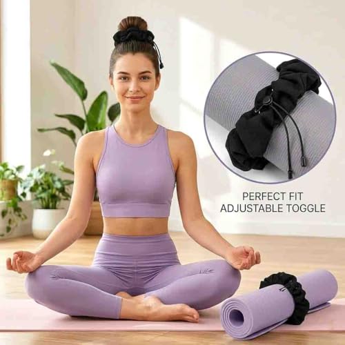 Aolamegs Adjustable Yoga Mat Scrunchie, 2-in-1 Mat Strap and Hair Tie, Fits All Standard & Extra Thick Yoga Mats - color: Black Adjustable Elastic Mat Scrunchie
