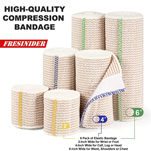 FRESINIDER Premium Elastic Bandage Wrap, 6 Pack (2x2, 2x4, 2x6) Cotton Compression Bandage with Touch Closure at Both Ends, Support & First Aid, Medical, and Injury Recovery - color: 6 Pack Mix (2, 4, 6 Inches)
