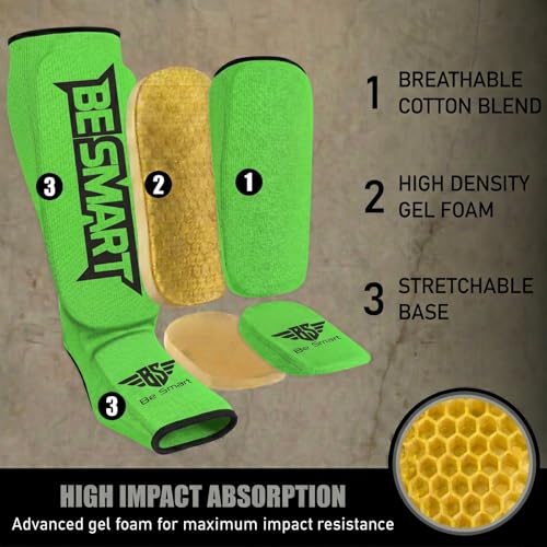 Be Smart Kids, Adults, Youth, Men and Women Muay Thai MMA Kickboxing Shin Guards, Instep Guard Training, Sparring Protective Gear Equipment Shin Kick Pads - color: Green, size: XXS ( 9 to 13 Years )