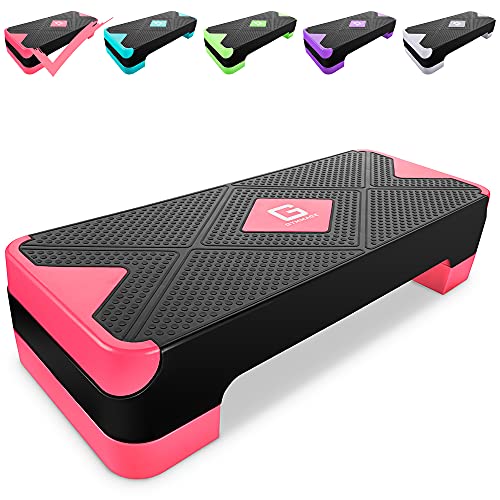 GYMMAGE Adjustable Workout Aerobic Stepper, Aerobic Exercise Step Platform with 2 Risers, Exercise Step Deck for Fitness, 26.5" Trainer Stepper with Non-Slip Surface Home Gym & Extra Risers Options - color: Pink&Black