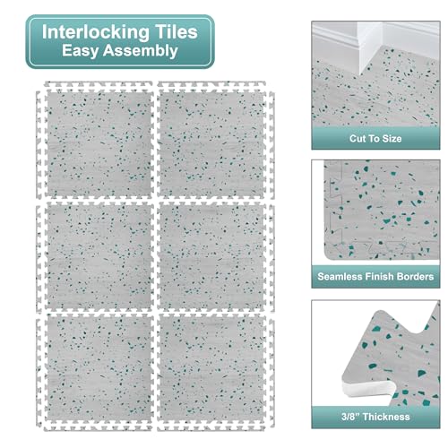 Sorbus 120 Sq. Ft. Wood Grain Floor Tiles Foam Mat EVA Interlocking Mats Tile 3/8-Inch Thick Flooring Wood Puzzle Exercise Mats w/Borders - Home Playroom Basement, Apartment, Trade Show, Baby, Dance - color: Terrazzo - Green, size: 30 Pack