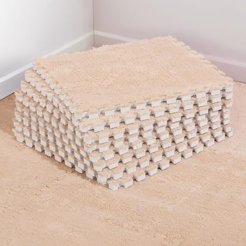 12 pcs Thickened Plush Foam Interlocking Floor Mat, Interlocking Foam Tiles with Edgings for Kids, Soft Anti-Slip Puzzle Area Square Rug Playmat for Children Room Bedroom(11.8", Light Brown) - color: Light Brown