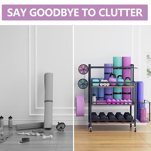 EasyCom Home Gym Storage Rack for Dumbbells, Kettlebells, Foam Roller, Weights - Yoga Mat Storage Rack - Yoga Mat Storage Cart with Wheels, Shelves, Hooks - Home Gym Storage Unit Equipment Organizer