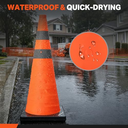 BATTIFE 28 inch Collapsible Traffic Safety Cones Orange Plastic Base 4 Pack | Collapsible folds flat, reflective strips, sturdy PVC, lightweight,ideal for parking, driving, construction, emergencies - size: 28inch