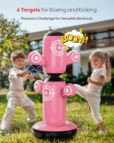 QPAU 360° Rotatable Punching Bag for Kids, Lager 64” Kids Punching Bag with Gloves, Hand Pump & 6 Targets, Bop Bag Inflatable Punching Toy, Karate Gifts for Boys, Girls - color: Pink