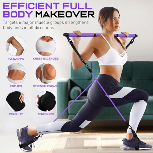 Pilates Bar Kit with 6 Latex Resistance Bands, Adjustable Exercise Bar - color: Purple