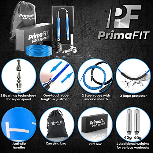 PrimaFIT Pro Speed Jump Rope for Adults, Weighted Skipping Rope for Boxing | Adjustable Jumping Rope for Fitness Workout & CrossFit Exercise, Double Unders, Handle Weights, 3m Cables 2 Protectors, Bag - color: Blue