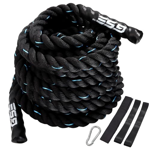 GSE Games & Sports Expert Gym Battle Rope, Heavy-Duty Workout Ropes for Indoor & Outdoor Workout, Exercise Rope for Strength Training - 30,40,50 Feet Lengths Available - color: Black&Blue, size: 50ft x 2"