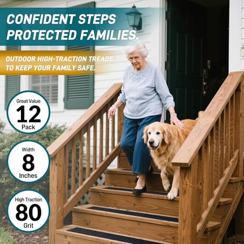 8" x 30" Anti Slip Traction Treads Tape (12-Pack), Pre-Cut Grip Tape for Stair Steps Outdoor, Waterproof Black Non Slip Stair Treads for Floor Safety, Easy to Install - color: Black, size: 8" x 30"