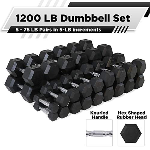 WF Athletic Supply Rubber Coated Hex Dumbbell Set, Multiple Choices Available - Dumbbells with Rack Stand and Mat, or Dumbbells Only (200/550/1200/2100/3000 LB) - color: f. 5 - 75LB Dumbbells Only