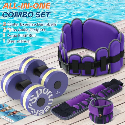 Sportneer Aquatic Exercise Equipment Water Aerobics Combo Set Includes High Density Water Weights Dumbbell Aqua Belt Water Ankle Weights for Pool Exercise Aquatic Therapy Pool Fitness Water Exercise - color: Purple, style: Aqua Fitness Set with 2lb Ankle