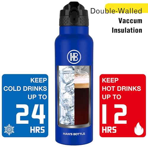 Han's Bottle Sports Water Bottle - 24 Oz, Straw Lid, Leak Proof, Vacuum Insulated Stainless Steel, Double Walled, Thermo Mug,Klein Blue - color: Klein Blue, size: 24 Ounces