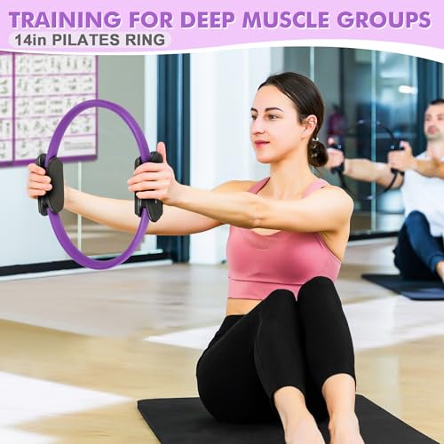 Goocrun Pilates Ring Set Exercise Equipment, with Exercise Resistance Bands Set, Pilates Ball, Sliding Disks. Portable Home Gym - with Fitness Guide Poster - color: Purple, size: Mid-level