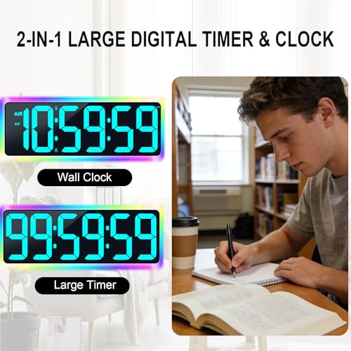 TXL 17.2" WiFi Digital Wall Clock with Seconds, Large Countdown Timer for Classroom Home Gym Office, Alarm Clock with Remote Control, RGB Ambient Lights, 4 Dimmable Brightness, Auto DST(Ice Blue) - color: Ice Blue
