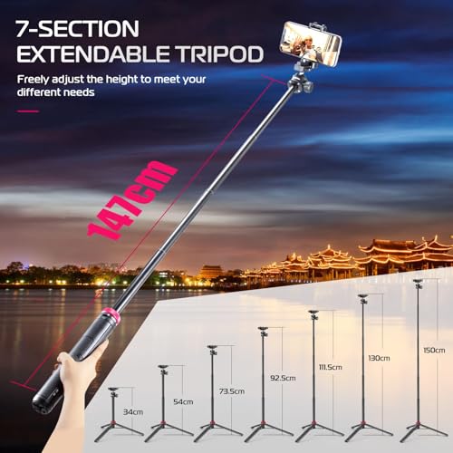 ULANZI MT-44 Auto Open Phone Tripod, 59" Extendable Selfie Stick Vlog Stand with 2 in 1 Phone Clip, 360° Ball Head Camera Tripod for iPhone Sony DJI Osmo Pocket 4 Nano Luna, Lightweight for Travel - color: BLACK
