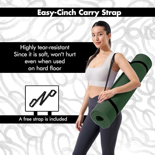 Thick Yoga Mat for Exercise & Pilates – Non Slip Yoga Mats with Strap, Extra Wide Gym Matt for Home, Lightweight & Durable Pilates Mat for Studio Fitness - color: DARK GREEN