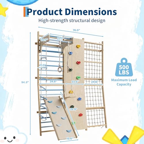 94.5 H 10-in-1 Swedish Ladder, Rock Climbing Wall for Kids and Adults with Slide, Swing, Gymnastic Rings, Rope Ladder, and Monkey Bar, Indoor Jungle Gym
