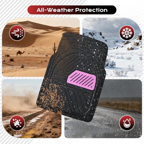 Coverado Floor Mats for Cars, Black and Pink Rubber Car Mats Full Set, Deep Dish Waterproof Universal Trim-to-Fit Car Floor Mats, Durable All Weather Automotive Car Mats for Cars Trucks SUV - color: Black&Pink
