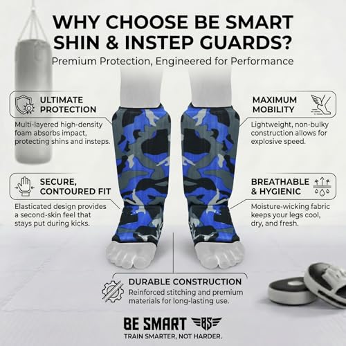 Be Smart Kids, Adults, Youth, Men and Women Muay Thai MMA Kickboxing Shin Guards, Instep Guard Training, Sparring Protective Gear Equipment Shin Kick Pads - color: Blue Camo, size: XXXS ( 3 to 8 Years )