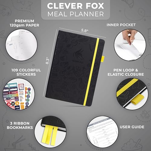 Clever Fox Weekly Meal Planner - Weekly & Daily Meal Prep Journal with Shopping and Grocery Lists for Menu Planning, Healthy Diet & Weight Loss Tracking, Lasts 1 Year, Undated, A5 - Black - color: Black