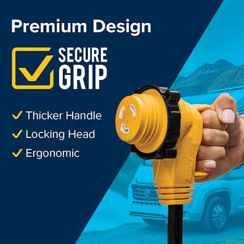 Camco Power Grip 50-Ft 30 Amp RV Extension Cord w/ 90° Heads Locking End -Features NEMA TT-30P Male & L5-30R Locking Female Connectors - Rated for 125V/3,750W - 100% Copper 10-Gauge Wire (55525) | 50 Ft, Nema Tt-30p to L5-30r Locking, 100% Copper 10 Awg,
