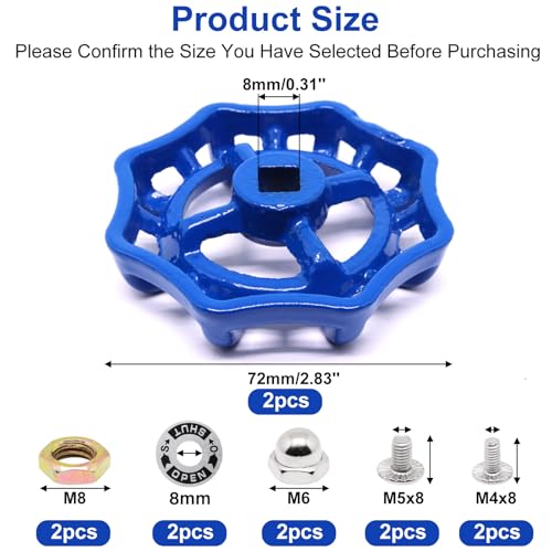 2 Pack Outdoor Faucet Handle Replacement, 8mm x 8mm Square Stem Hole Water Spigot Handle Replacement, Cast Iron Round Wheel Outside Faucet Handles with Screws Spacer (Blue) - color: Blue, size: 8mm x 8mm (2pcs)