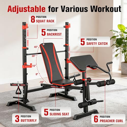 Foldable 1500LBS 8 IN 1 Olympic Weight Bench Set with Squat Rack, Leg Extension/Curl & Preacher Curl, Adjustable Bench Press Set with Safety Bar Catches for Home Gym Full Body Workout - color: magenta