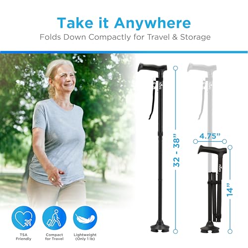 NOVA Foldable Quad Cane for Seniors, Self Standing Adjustable Walking Cane with Pivoting Quad Tip, Lightweight Collapsible Mobility Aid, Bonus Carry Pouch & Replacement Tips, Black - color: Midnight Black