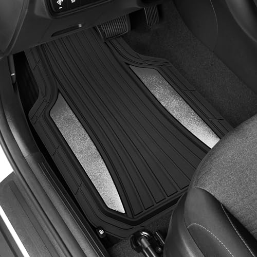 Motor Trend ChromeTech Car Floor Mats Full Set - Durable Rubber Floor Mats for Cars with Two Tone Accent, All Weather Interior Protection for Front and Rear with Non-Slip Backing, Silver Chrome - color: Black & Silver Chrome