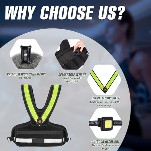 Weighted Vest for Women Men, Sport Running Weighted Vest with Reflective Strips and LED Flashing Sash, 10lbs/20lbs Weight Vest for Strength Training and Workout