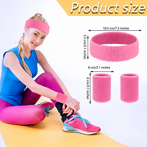 30 Pcs Sweatbands Wristbands Set Absorbent Terry Cloth Headbands Wristbands Neon Color Striped 80s Athletic Sweatbands for Sports Gym Exercise - color: Pink