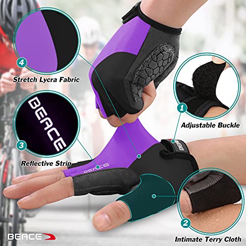 BEACE Gloves for Cycling Bike Biking Half Finger Road Bicycle for Men and Women-5MM Breathable Anti-Slip Shock-Absorbing Pad Gym Motorcycle Light Weight Mountain Bike Gloves - color: Purple, size: Small