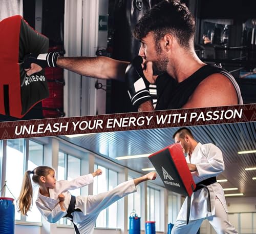 Martial Arts Kicking Shield Pad for Muay Thai, Taekwondo Football, Basketball, Hockey Training, 12x16in Denser Foam High-Density PU Leather Cover - color: Red Shield x2