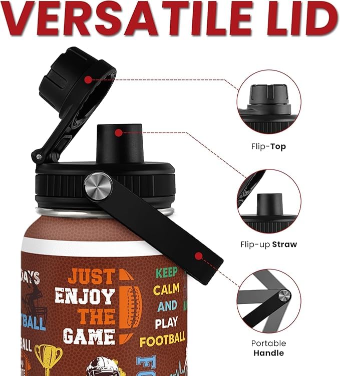 SANDJEST American Football Insulated Stainless Steel Water Bottle 32oz, Vacuum Chug Lid Travel Tumbler for Men Friends Dad Football Lovers Fans Coaches, Birthday Christmas Father's Day - color: Football 5
