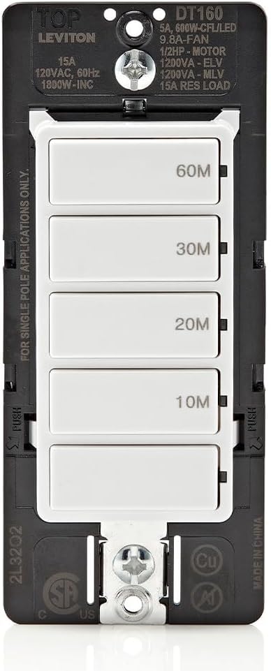 Leviton Countdown Timer Switch for Bathroom Fan and Household Lights,10-20-30-60 min,No Neutral Required,Single Pole,15A,1/2HP/9.8A Fan/Motor,DT160-1LW,White,(Pack of 10) - style: 10-20-30-60 min, No Neutral Required (Pack of 10)