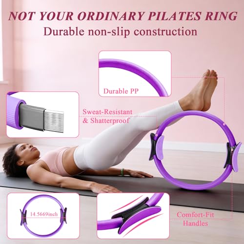 Pilates Ring and Small Ball Set for Women with 5 Resistance Bands, 14 inch Magic Circle Home Workout Essentials Starter Kit for Beginners, Yoga Sets for Full Body Toning Shape - color: Purple