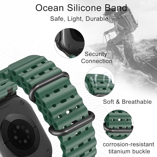 Ocean Silicone Sport Band - Compatible with Apple Watch Ultra 2/Ultra Bands 49mm 45mm 44mm for Men Women, Breathable Soft Waterproof Strap for iWatch Ultra 2, iWatch Ultra Series 10 46mm SE/9/8/7/6 - color: Ocean/Grass Green/Black