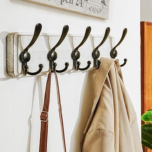 Dseap Coat Rack Wall Mounted - 5 Tri Hooks, Heavy Duty, Wooden Wall Coat Hanger Coat Hook for Clothes Hat Jacket Clothing, White & Black - color: White & Black, size: L=17.4"