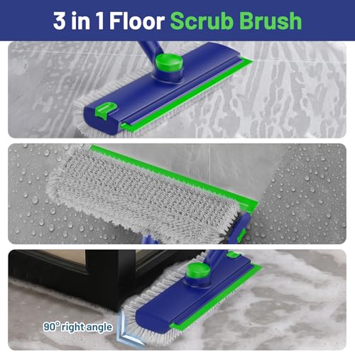 3 in 1 Floor Scrub Brush with Long Handle & Squeegee | Heavy-Duty, Adjustable, 360° Rotating Head for Cleaning Tile Bathroom Deck Kitchen Patio, Blue - color: Blue