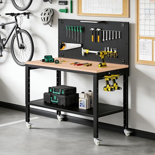 Antifir 48" Adjustable Height Workbench for Garage Work Table with Under Table Shelf & Pegboard, Max Load 2000 LBS Heavy Duty Wood Work Bench with Power Outlet for Commercial, Workshop, Office, Home - size: 48x24" Double Decked