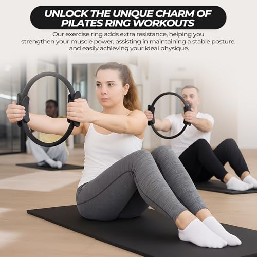 Seenelling 18 Pcs Pilates Ring and Ball Set with Resistance Bands Home Workout Pilates Equipment 11.8 Inch Magic Circle with Padded Handles, Mini Ball for Strength, Toning and Flexibility - color: Black