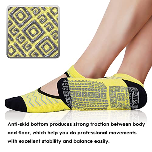 unenow Non Slip Grip Yoga Socks for Women with Cushion for Pilates, Barre, Home - color: Three Pairs Waves-lake Blue/Yellow/Pink