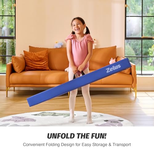 ZELUS 8' Folding Gymnastics Balance Beam, Floor Balance Beam w/Carry Handles Anti-Slip Base for Kids, Beginners & Professional Gymnasts - color: Blue