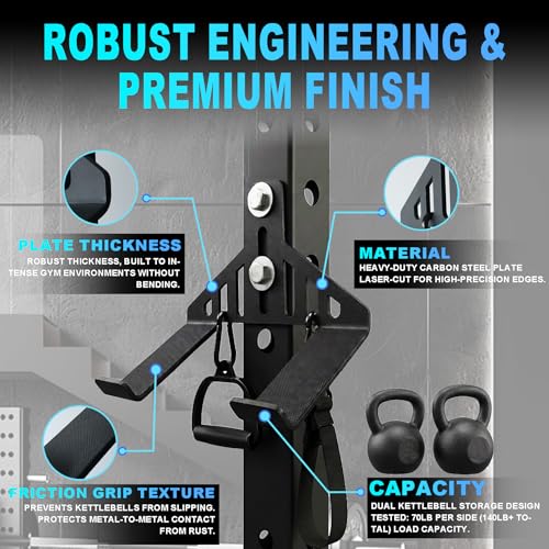 J Bryant Kettlebell Rack Storage Attachment, Heavy Duty Steel Kettlebell Holder for Power Cage & Squat Rack - color: Black Double Kettlebell Holder