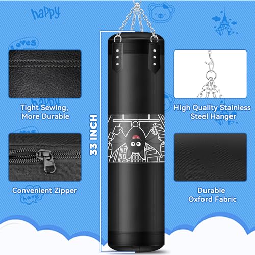 Kids Punching Bag Set, 2.75ft Filled Heavy Bag Kickboxing Bag with 2KG Sponge & 6oz Gloves, Hanging Boxing Bag for Kids Youth Boxing, MMA, Muay Thai, Karate, Martial Art, Home Gym Training - style: Bats