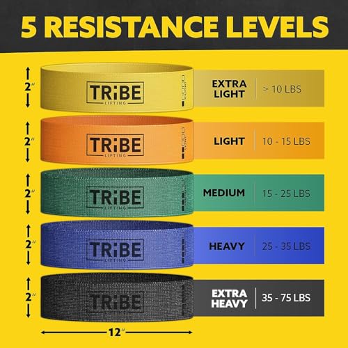 Tribe Lifting Fabric Resistance Bands for Working Out - 5 Exercise Bands Set for Legs and Glutes - Booty Bands for Women and Men - Thick Cloth Workout Bands for Physical Therapy, Hip Training - color: Multicolor