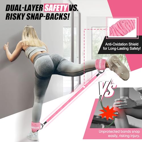 KUZARO Ankle Resistance Bands with Cuffs, Ankle Weights Bands for Working Out, Women Leg and Glutes Workout Equipment, Exercise Bands for Kickbacks, Butt and Booty Trainer, Home Gym Fitness Equipment - color: Pink